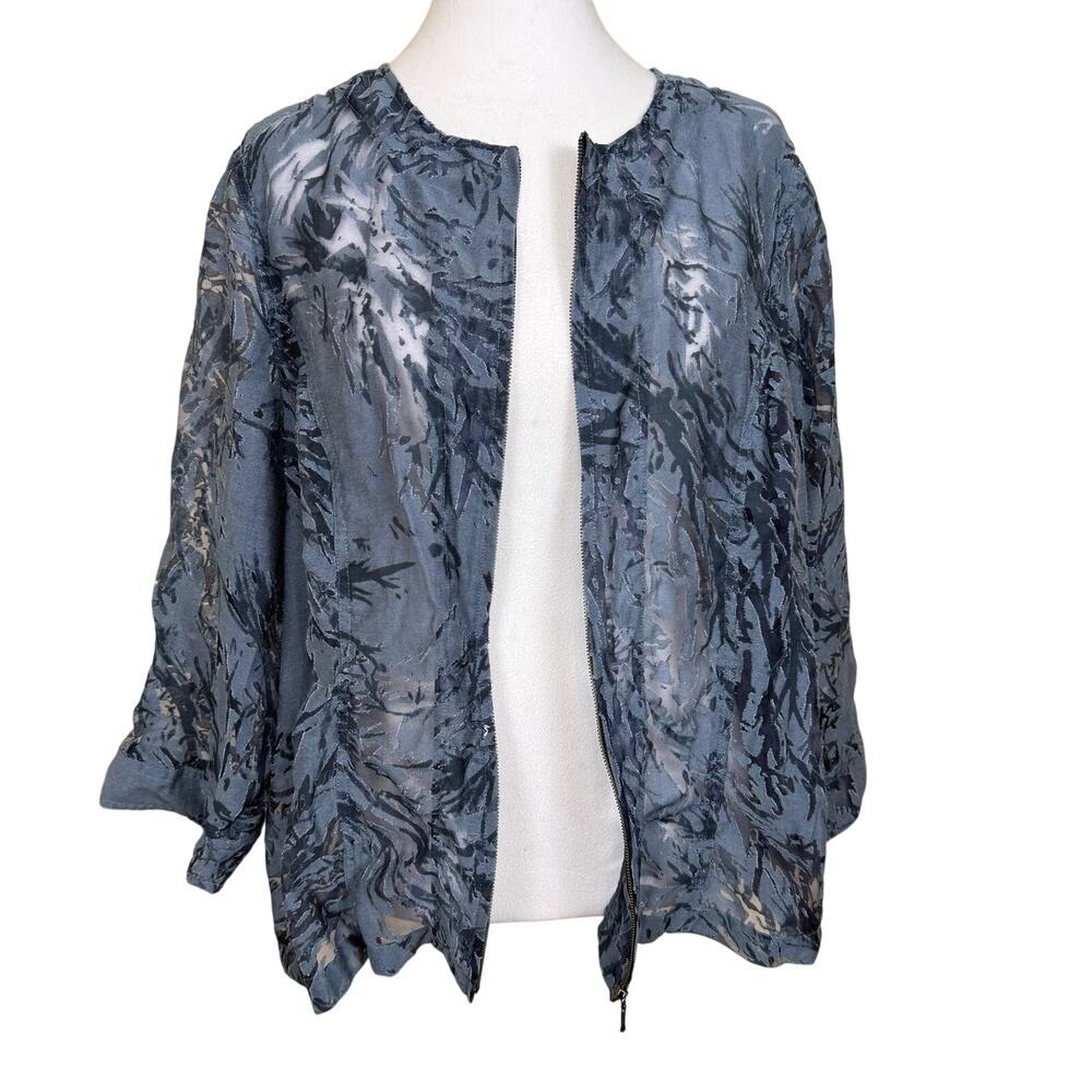 Coldwater Creek Dusty Blue Burnout Jacket 3/4 Sleeves Sheer Zipper XL
